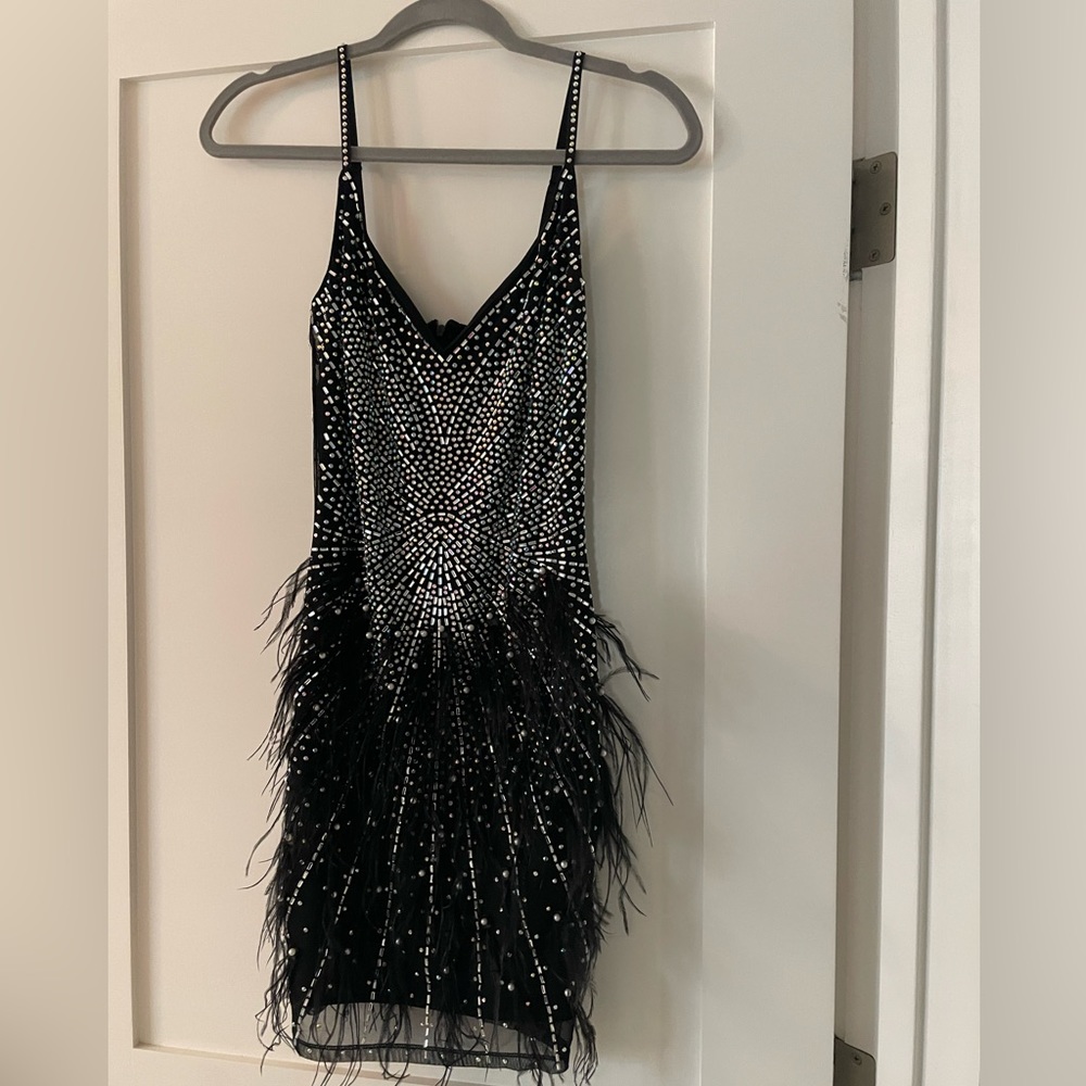 Stunning black pearl and feather dress! Fits beautifully